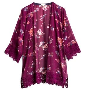 NWT Burgundy Crochet Trim Floral Kimono